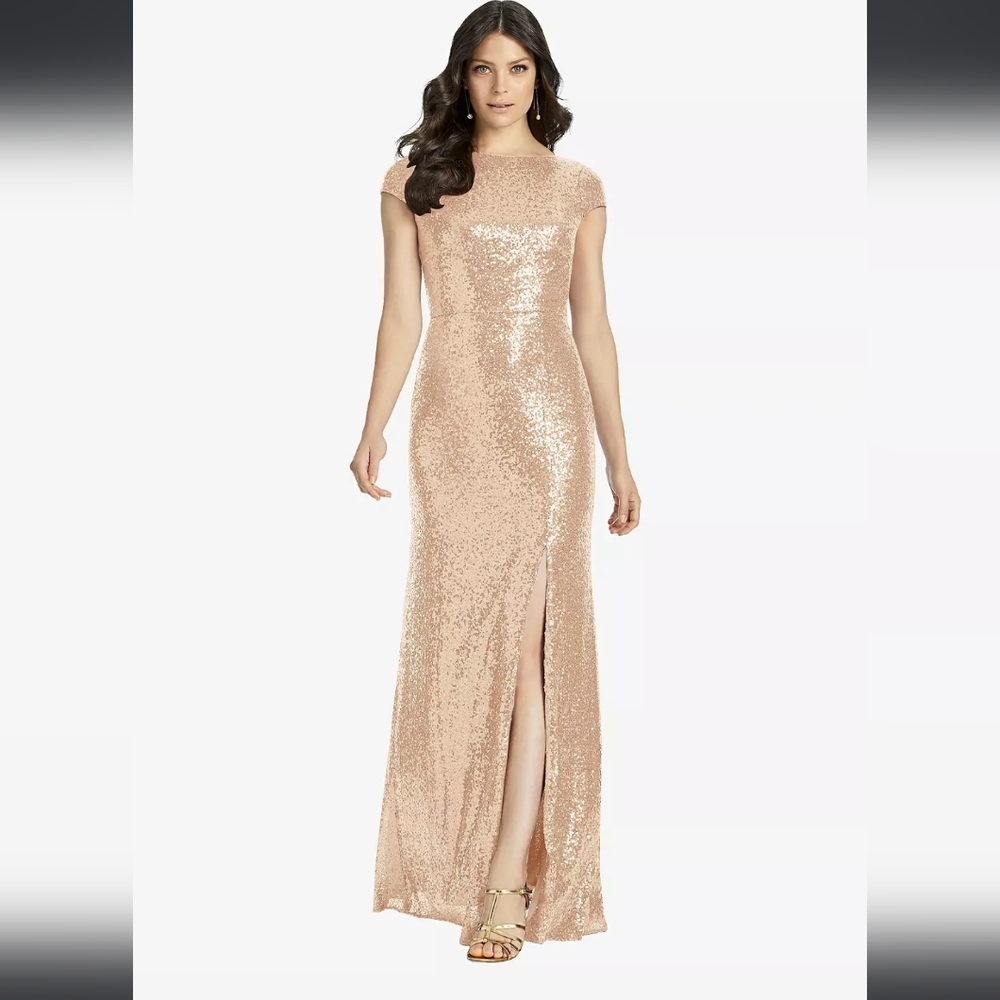 NWT Dessy Collection 3043 Cap Sleeve Cowl-Back Sequin Gown Front Slit. Rose Gold